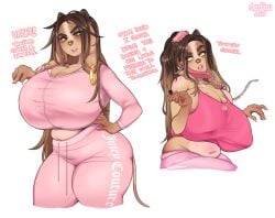 2000s_theme 2019 5_fingers anthro belly belly_overhang big_breasts bottomwear bovid bovine breasts brown_hair caramel_(cherrikissu) cattle cherrikissu cleavage clothed clothing colored_nails curvy_figure dialogue digital_media_(artwork) ear_piercing ear_ring electronics english_text facial_piercing female fingers freckles hair horn huge_breasts juicy_couture landline_phone long_hair mammal midriff nails navel nipple_outline nose_piercing nose_ring pants phone piercing ring_piercing simple_background slightly_chubby solo sportswear sweatpants text thick_thighs voluptuous white_background wide_hips y2k_(fashion)