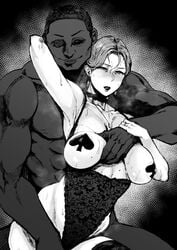 1boy 1girls allegro_(artist) black_beat black_pasties blush collar covered_nipples cuckold dark-skinned_male earrings female interracial lingerie looking_at_viewer married milf netorare pasties qos queen_of_spades spade_earrings spade_pasties stockings wedding_ring