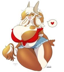 2021 anthro belly big_breasts bottomwear bovid bovine breasts cattle cherrikissu cleavage clothed clothing convex_breasts curvy_figure female heart_symbol hi_res horn hotpants huge_breasts mammal milkymaiden pictographics portrait purplepardus shorts simple_background solo speech_bubble tail tail_tuft thick_thighs three-quarter_portrait tuft white_background wide_hips yellow_eyes