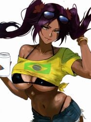 1girls belly_button big_breasts bikini bikini_top bleach brazil brazilian brazilian_flag breasts cleavage crop_top curvy dark-skinned_female dark_skin female female_only glasses insomn_bion insomniaboin looking_at_viewer shihouin_yoruichi shirt shirt_lift short_shorts shorts solo sunglasses sunglasses_on_head thong twintails unbuttoned unbuttoning