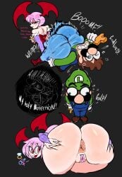 1boy 1girls anus ass ass_grab ass_on_crotch ass_spread bedroom_eyes big_ass black_background blue_overalls blue_pants brown_hair clothing crossover crucifix darkstalkers dialogue doggy_style_position duo english_text facial_hair fat_ass female female_symbol gloves green_hat green_shirt hand_on_ass hat horny_female huge_ass large_ass lemonadepikachu light-skinned_female light-skinned_male light_skin lilith_aensland looking_back luigi male male/female male_symbol mario_(series) nintendo open_mouth pink_hair pussy red_wings ring scared seductive_eyes seductive_smile smile straight sweat sweating thick_ass tongue tongue_out trembling voluptuous voluptuous_female white_gloves