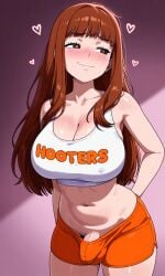 ai_generated big_breasts brown_eyes brown_hair bulge bulge_through_clothing erection_under_clothes futa_only futanari hiding_erection hooters hooters_uniform long_hair shorts small_penis small_penis_futa smug