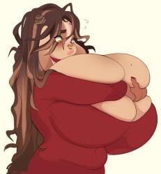 2019 alternate_version_at_source anthro belly better_version_at_source big_breasts blush bovid bovine breasts brown_body brown_fur brown_hair caramel_(cherrikissu) cherrikissu cleavage cleavage_overflow clothed clothing digital_media_(artwork) dress facial_piercing female fur hair hi_res huge_breasts hyper hyper_breasts mammal nose_piercing nose_ring piercing ring_piercing simple_background solo white_background yellow_eyes