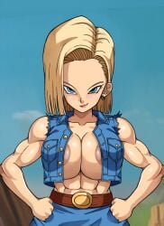 1girls android android_18 areolae big_breasts clothed dragon_ball dragon_ball_z high_resolution muscular_female nipples tagme ttrop