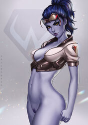 absurdres alternate_costume alternate_hairstyle artist_name ass big_ass blizzard_entertainment blue_skin bottomless breasts cowboy_shot crop_top curvy dandon_fuga eyelashes eyewear female female_only female_pubic_hair goggles goggles_on_head high_ponytail highres human lipstick looking_at_viewer medium_breasts navel overwatch overwatch_2 overwatch_archives ponytail posing pubic_hair purple_hair purple_lipstick pussy solo talon_widowmaker toned widowmaker yellow_eyes