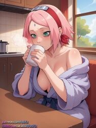 ai_generated bags_under_eyes bathrobe cleavage drinking drinking_coffee morning naruto naruto_(classic) naruto_(series) naruto_shippuden off-shoulder osirix pink_hair robe robe_only sakura_haruno sakura_haruno self_upload slice_of_life stable_diffusion tired tired_eyes