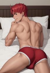 1boy :p ai_generated ass ass ass_focus boxer_briefs boxer_briefs_only brown_eyes bsky_link bulge civitai crotch dandadan dvxxxgrai gay jin_enjoji looking_back lying_on_bed lying_on_stomach male male_only male_underwear muscular muscular_male nude pony_diffusion_xl red_hair red_male_underwear solo solo_male spread_legs tagme toned toned_body toned_male twitter underwear underwear_only x_(social_media) yaoi