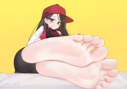 1girls 2024 :p backwards_baseball_cap backwards_hat barefoot baseball_cap bed bed_sheet black_eyes black_hair black_shirt butcher_vanity_(synthesizer_v) closed_mouth dated feet feet_focus female female_only foot_fetish kalun_(fwme3378) long_hair looking_at_viewer mole mole_above_eye mv_character red_hat red_pupils solo solo_female synthesizer_v tongue white_jacket yellow_background yi_xi_(synthesizer_v)