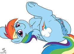 anatomically_correct anus clitoral_winking clitoris dock equine female flat_shading friendship_is_magic horse invalid_tag lidded_eyes looking_at_viewer lying mammal my_little_pony nude on_back pegasus pony pussy rainbow_dash_(mlp) relaxing selenophile simple_background solo straight_hair underhoof unfinished wings