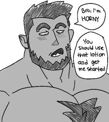 bara beard blush crawdunk64 facial_hair macro male male_only monochrome muscles muscular nude solo solo_male speech_bubble