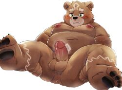 anthro anus balls bear belly blush bodily_fluids brown_body brown_fur crave_saga erection erxvlai fur gabu_(crave_saga) genital_fluids genitals hi_res male mammal moobs navel nipples nude overweight pawpads penis precum solo spread_legs spreading tattoo