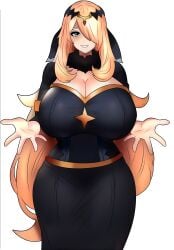 big_breasts black_clothing blonde_hair blue_eyes boob_window chorquistudios cynthia_(pokemon) game_freak hug huge_breasts looking_at_viewer pokemon smile sygna_suit_cynthia_(renegade) welcoming