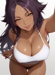 1girls ai_generated arm_up armpits big_ass black_panties bleach camisole female_only long_hair panties pulling_panties purple_hair shihouin_yoruichi sleeveless smile undressed undressing white_shirt yellow_eyes