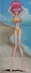 1990s_(style) 1girls ball_earrings beach big_breasts bikini breasts closed_eyes cool_devices earrings female female_focus female_only hair_up highres holding holding_own_hair huge_breasts jewelry kirei_(cool_devices) large_breasts light-skinned_female light_skin long_hair lowres pink_hair retro_artstyle screencap screenshot solo solo_female solo_focus stitched swimsuit third-party_edit wavy_hair yellow_bikini