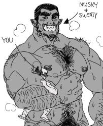 bara blush body_hair crawdunk64 facial_hair gay macro male male_only monochrome muscles muscular musk nude size_difference sweat sweating