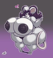 2017 anthro belly big_belly big_breasts breasts cute daikanu ear_piercing eyewear female glasses goth hair hand_on_breast heart huge_breasts invalid_tag mammal mouse nipples nude one_eye_closed overweight piercing purple_hair pussy rodent slightly_chubby solo star wink