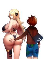 1boy 1girls age_difference ass_grab bag beach big_ass big_breasts bikini black_bikini blonde_female blonde_hair blue_shorts blush brown_hair chorquistudios cynthia_(pokemon) game_freak gold_jewelry grabbing grabbing_ass grabbing_from_behind horny horny_female horny_male huge_ass huge_breasts looking_back milf milf_love_young_man pokemon small_bikini