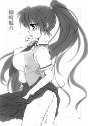 ass bare_arms big_breasts black_and_white blush breasts card card_in_mouth doujinshi higurashi_no_naku_koro_ni kuroda_akimi long_hair mion_sonozaki nipples_visible_through_clothing no_panties ponytail pussy_juice_drip shirt short_sleeves skirt skirt_lift sweat sweaty_body tears thighs wet_thighs