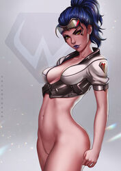 absurdres alternate_costume alternate_hairstyle artist_name ass big_ass blizzard_entertainment bottomless breasts cowboy_shot crop_top curvy dandon_fuga eyelashes eyewear female female_only goggles goggles_on_head hairless_pussy high_ponytail highres human lipstick looking_at_viewer medium_breasts navel overwatch overwatch_2 overwatch_archives ponytail posing purple_hair purple_lipstick pussy solo talon_widowmaker toned widowmaker yellow_eyes