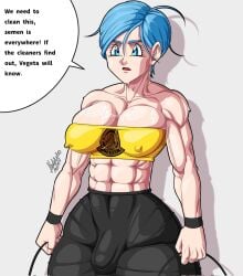 abs blue_hair bulge bulge_through_clothing bulma_briefs dragon_ball dragon_ball_z futanari hashimiro_takahi muscular muscular_futanari solo