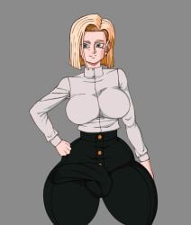 android_18 big_breasts blonde_hair breasts bulge bulge_through_clothing dragon_ball dragon_ball_z futanari hashimiro_takahi penis_outline solo