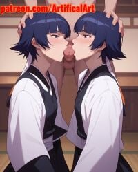 1boy 2girls ai_generated artifical_art balls black_hair bleach bleach:_the_thousand-year_blood_war blowjob clone double_blowjob licking licking_penis penis slender_body soifon touching_hands