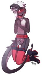 2016 anthro arh blush chastity chastity_cage chastity_device clothing collar dragon femboy feminization footwear furry garter_belt garter_straps girly high_heels kneeling legwear lipstick makeup male_chastity red_eyes shoes sissification stockings