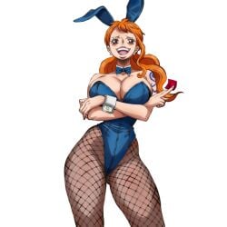 accurate_art_style arms_crossed_under_breasts arrogant big_breasts blue_bodysuit blue_bowtie blue_bunny_ears blue_tattoo bowtie breasts brown_eyes brown_eyes_female bunnysuit cleavage clothing collarbone condom condom_on_hand crossed_arms cuffs earrings eyebrows eyelashes female female_only fit_female large_breasts long_hair long_hair_female long_ponytail looking_at_viewer nami nami_(one_piece) one_piece open_mouth orange_hair orange_hair_female ponytail ponytail_(hair) ponytail_female posing rao_jackman red_condom spider_web_stockings stockings tattoo tattoo_on_arm tattooed_arm transparent_stockings voluptuous voluptuous_female white_cuffs white_earrings