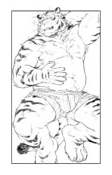 2023 anthro beau_(artist) blush bulge clothed clothing embarrassed felid hand_on_belly hi_res looking_at_viewer lying male mammal monochrome on_back one_eye_closed pantherine slightly_chubby slightly_chubby_anthro slightly_chubby_male solo tail tiger underwear underwear_only