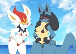 anthro areola areola_slip big_breasts bikini black_bikini_bottom black_bikini_top blue_body blush breast_size_difference breasts byghosteduard camel_toe cinderace clothing day duo female female_cinderace female_lucario generation_4_pokemon generation_8_pokemon looking_at_viewer lucario medium_breasts micro_bikini nintendo nipple_outline one_eye_closed outside pink_areola pink_bikini_bottom pink_bikini_top pokemon pokemon_(species) side-tie_bikini side-tie_clothing side-tie_swimwear string_bikini swimwear thick_thighs triangle_bikini under_boob white_body wide_hips