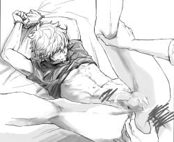 2boys anal anal_sex arms_up balls blush bottomless censored cum cum_on_face erection gay gintama gintoki_sakata handcuffs hijikata_toshiro leg_grab legs_up male male_only monochrome on_back penis restrained shirt_up solo_focus tossy yaoi