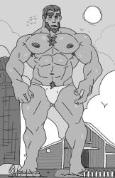 balls bara beard blush bulge crawdunk64 facial_hair flaccid macro male male_only monochrome muscles muscular penis solo solo_male