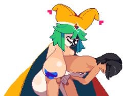 1boy 1girls animated bouncing_breasts breasts cape cum cum_drip cumshot drama_mask ejaculation femdom game_cg gigantic_breasts gloves green_hair handjob handjob_from_behind heart_pasties huge_breasts jester jester_hat kogoeruretasu legwear loop looping_animation lustful_dreamers mask masked masked_female masturbating masturbating_other masturbation nipple_play outercourse pasties penis pixel_animation pixel_art saya_(lustful_dreamers) tagme top_heavy topless topless_female transparent_background white_gloves