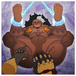 2boys anus ass asshole balls bandana bara beard big_ass big_balls big_butt big_pecs big_penis black_hair blush blush body_modification chained chained_ankles chains doomfist ear_piercing earrings feet feet_above_head feet_up fingering fist fisting gauntlet gay male/male mauga nu_nudo_do overwatch overwatch_2 presenting stretching stretching_anus tattoo tattoo_on_arm tattoo_on_butt tattoo_on_chest tattoo_on_legs tattooed_arm tattoos white_hair_streak yaoi