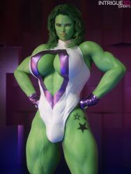 1futa 3d big_breasts breasts bulge bulge_through_clothing futa_only futanari green_hair green_skin huge_breasts intrigue3d marvel muscular muscular_futanari she-hulk she-hulk_(cosplay) she-ry solo solo_futa