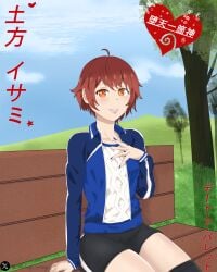 date_a_bullet date_a_live:_date_a_bullet half_body legs nails_painted orange_eyes red_hair sheong_wong short_hair sitting_on_chair smile sports_uniform