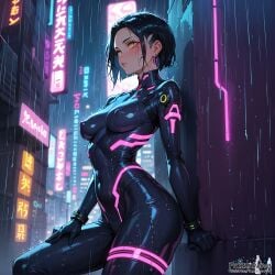 ai_generated beautiful black_hair blush cityscape cyberpunk_2077 earrings gorgeous hand_on_thigh latex leaning_on_wall looking_at_another neon_lights neon_sign nipple_bulge oc original original_character raining short_hair skin_tight small_mouth small_waist thighs thin_neck thin_waist yellow_eyes