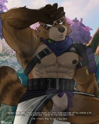 5_fingers abs absurd_res anthro armpit_fetish armpit_hair asian_clothing balls bodily_fluids body_hair bottomwear brown_body brown_fur canid canine clothed clothing dialogue digital_media_(artwork) east_asian_clothing english_text epic_games fingers fortnite fundoshi fur genitals hajime_(fortnite) hand_on_forehead hi_res japanese_clothing just_arai loincloth male male_only mammal muscular muscular_anthro muscular_male musk musk_clouds nipples open_mouth pecs penis raccoon_dog scar solo sweat sweatdrop tail tanuki text topwear underwear