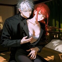 1boy 1girls ai_generated being_undressed black_clothing blue_eyes chainsaw_man cleavage company_connection crossover crossover_pairing female hand_between_legs jujutsu_kaisen light-skinned_female light-skinned_male light_skin makima_(chainsaw_man) male male/female on_lap open_clothes red_hair romantic satoru_gojo sitting_on_lap straight undressing undressing_another undressing_partner white_bra white_hair