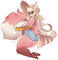 2018 anthro ass big_breasts breasts canid canine cherrikissu claws clothed clothing digital_media_(artwork) eyewear feet female fennec_fox footwear fox glasses hair hat headgear headwear hi_res hindpaw huge_breasts long_hair looking_at_viewer loyse mammal paws sandals shoes simple_background smile solo sunglasses text thick_thighs toe_claws toes true_fox white_background yellow_eyes