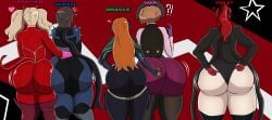 5girls ann_takamaki ass ass_chart ass_comparison ass_row ass_size_difference big_ass blonde_hair blueartfiend bodysuit brown_hair giant_ass haru_okumura huge_ass large_ass leotard makoto_niijima orange_hair persona persona_5 persona_5_royal phantom_thief_suit ponytail red_hair sakura_futaba sumire_yoshizawa text thick_thighs thighs tight_clothing tight_fit twintails