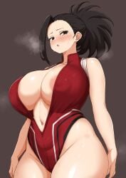 1girls ass barely_contained big_ass big_breasts black_eyes black_hair blush breasts female female_focus female_only hero_outfit_(mha) leotard looking_at_viewer moaning momo_yaoyorozu my_hero_academia nipple_bulge nipples_visible_through_clothing ponytail solo solo_female solo_focus thick_thighs yamaori