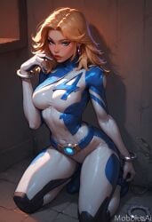 ai_generated blonde_female blonde_hair blue_eyes bodysuit breasts chained chained_up fantastic_four female handcuffs invisible_woman invisible_woman_(marvel_rivals) kneeling marvel marvel_comics marvel_rivals mobolusai sue_storm tight_clothing