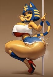 animal_crossing ankha ankha_(animal_crossing) anthro anthro_female cat_girl darklnbot003 egyptian feline fellatio_gesture furry high_heels huge_ass huge_breasts pole_dancing thick_thighs underboob