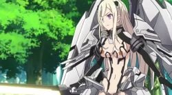 angry angry_eyes angry_face armor armored_female armored_gloves armpits belly belly_button blonde blonde_female breasts covered_pussy date_a_live ellen_mira_mathers gloves laser_sword light-skinned_female light_skin long_hair long_hair_female mature_female mature_woman navel nipples power_armor purple_eyes shoulder_armor sword tits woman