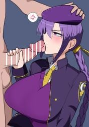 1boy 1girls alternate_breast_size angry big_breasts blowjob braided_hair eltnum hand_on_head light-skinned_female line_censoring melty_blood purple_eyes purple_hair sion_eltnam_atlasia under_night_in-birth