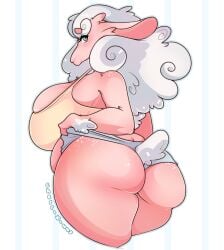 2017 anthro ass belly big_breasts big_butt biped blue_background blue_bottomwear blue_clothing blue_eyes bottomwear bovid bra breasts caprine cherrikissu clothing clothing_pull curvy_figure digital_media_(artwork) domestic_sheep ears_back eyelashes female fluffy fluffy_tail fur furgonomic_bottomwear furgonomics hair hi_res huge_breasts legs_together long_hair looking_at_viewer looking_back mammal mane mane_hair markings multicolored_body multicolored_fur overweight overweight_anthro overweight_female panties panty_pull pattern_background pink_body pink_fur pivoted_ears portrait rear_view sheep short_tail side_belly side_boob simple_background solo spots spotted_body spotted_fur standing striped_background tail tail_button_bottoms tail_clothing thick_thighs three-quarter_portrait tight_clothing topwear two_tone_body two_tone_fur underwear underwear_pull voluptuous white_background white_body white_fur white_hair white_spots white_tail wool_(fur) yellow_clothing yellow_topwear