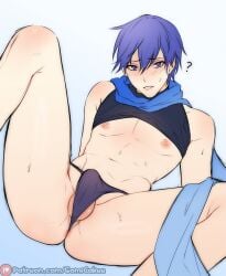 1boy 1male ? balls balls_slip blue_eyes blue_hair blush blushing bulge gomi-cake kaito_(vocaloid) looking_at_viewer nipples panties panties_on_penis pecs scarf shirt_up solo solo_male sweat vocaloid