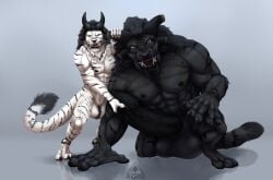 aggr.mor balls big_balls big_penis black_body black_mane black_penis black_skin charr duo exile_(exilefelkin) felid fluffy fluffy_tail fur genitals guild_wars hairless_balls hairless_body hi_res holding_penis huge_balls huge_cock hyper hyper_balls hyper_genitalia hyper_penis male male/male mammal mane muscular muscular_male penile_spines penis rhymald_(rhymald) size_difference stripes tail white_body white_fur