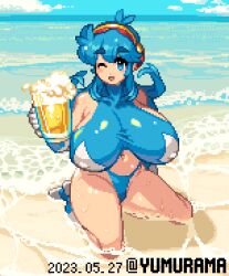 beach beer_mug blue_hair huge_breasts tecna_(yumura_kino) thick_thighs yumura_kino